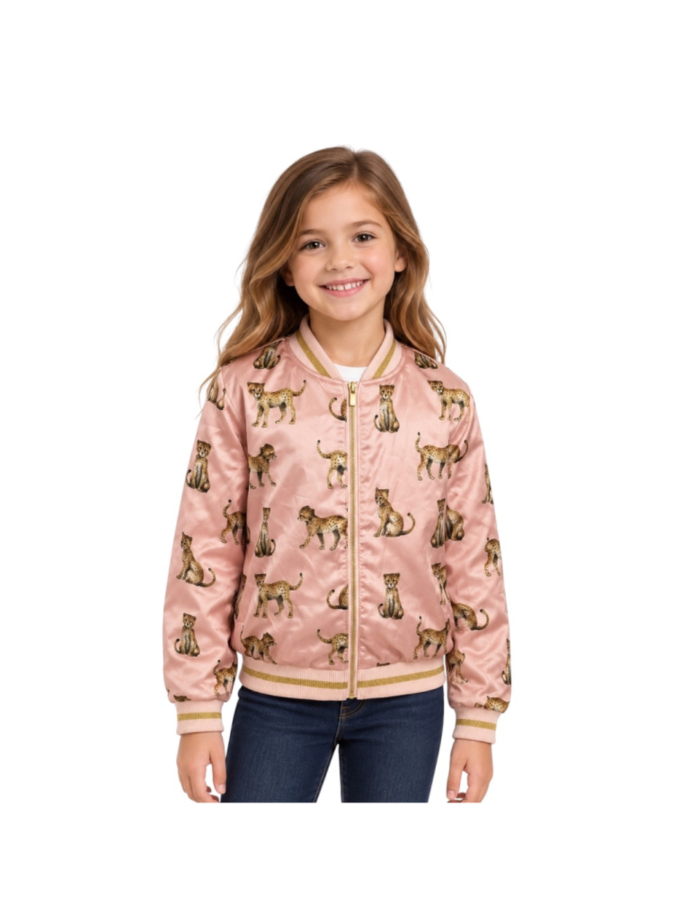 H&M x K Kjaer Girls Pink Cheetah Satin Bomber Jacket Size 7-8Y